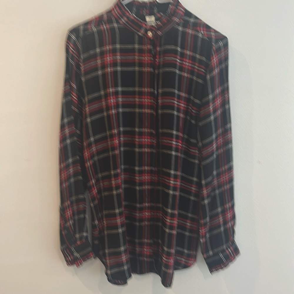 Long sleeve plaid blouse with ruffle neck and sleeves